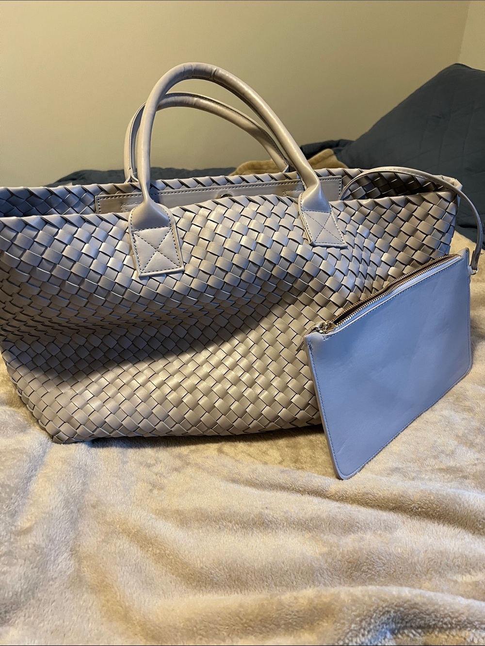 Woven Tote Bag with Zip Pouch - light tan